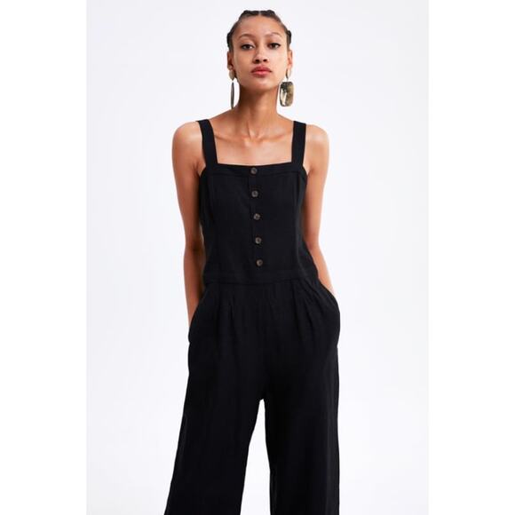 Zara Pants - ZARA Jumpsuit With Buttoned Straps Wide Leg Linen Square Neck Sleeveless Black